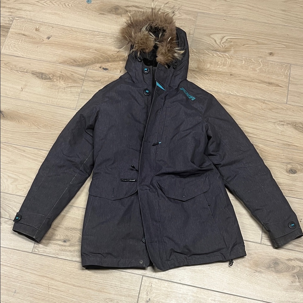 Women's Dark Gray Ski & Snow Jacket with Faux Fur Hood